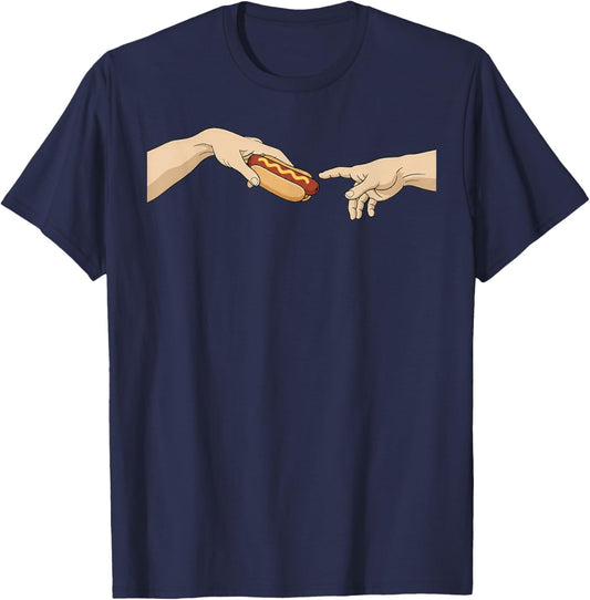 Divine Dog Funny Hotdog Creation of Adam Parody Art T-Shirt - T-Shirt | Navy