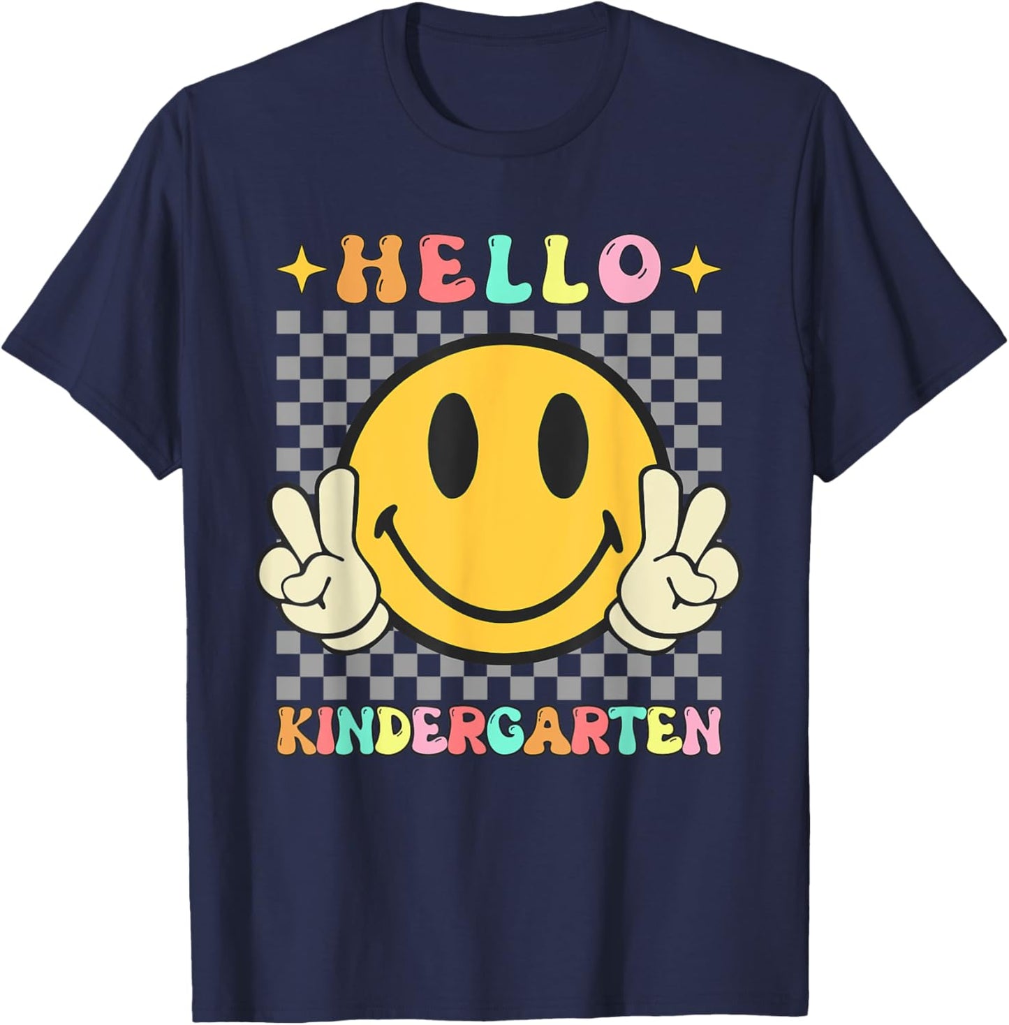 Retro Groovy Kindergarten Back to School Hello Kindergarten T-Shirt - T-Shirt | Navy
