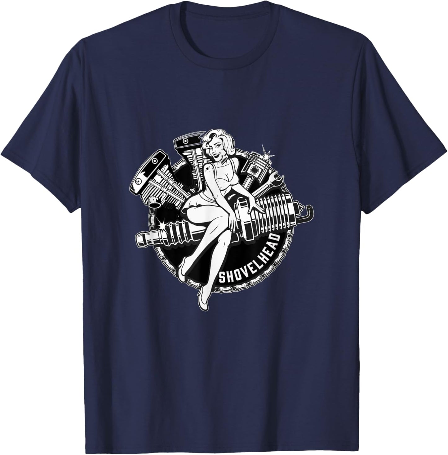 Vintage HD Motorcycle VTwin ShovelHead Engine Pin Up Retro T-Shirt - T-Shirt | Navy