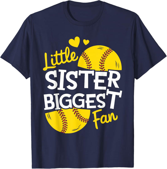 Softball Little Sister Biggest Fan Teen Girls Baby Kids Cute T-Shirt - T-Shirt | Navy