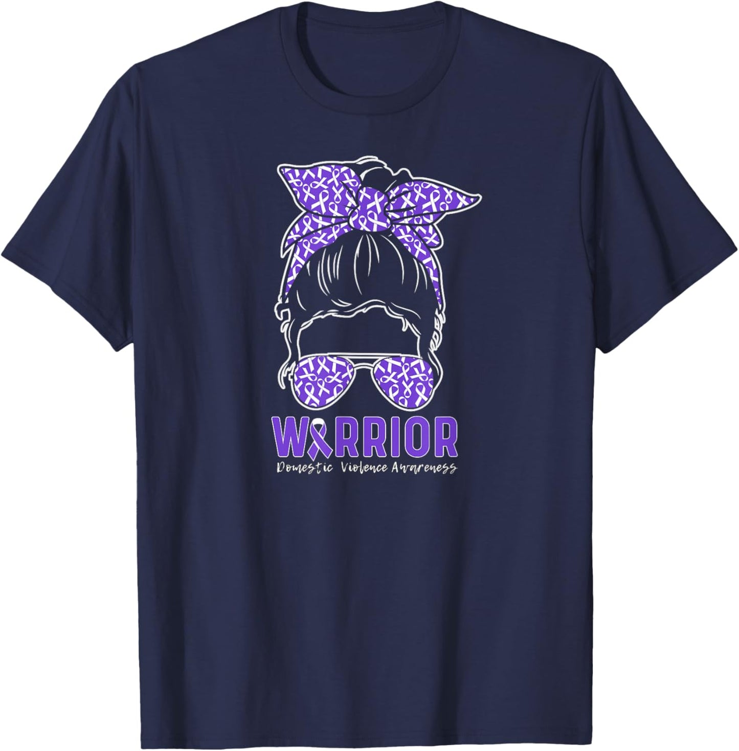 Warrior Messy Bun Women Girls Domestic Violence Awareness T-Shirt - T-Shirt | Navy