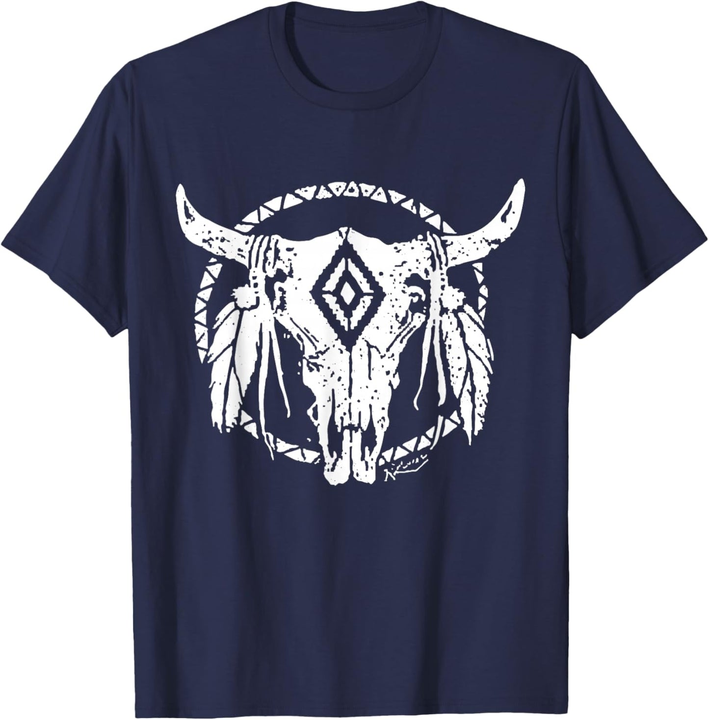 Tribal Bull Skull Western Desert Graphic Art Country Rodeo T-Shirt - T-Shirt | Navy