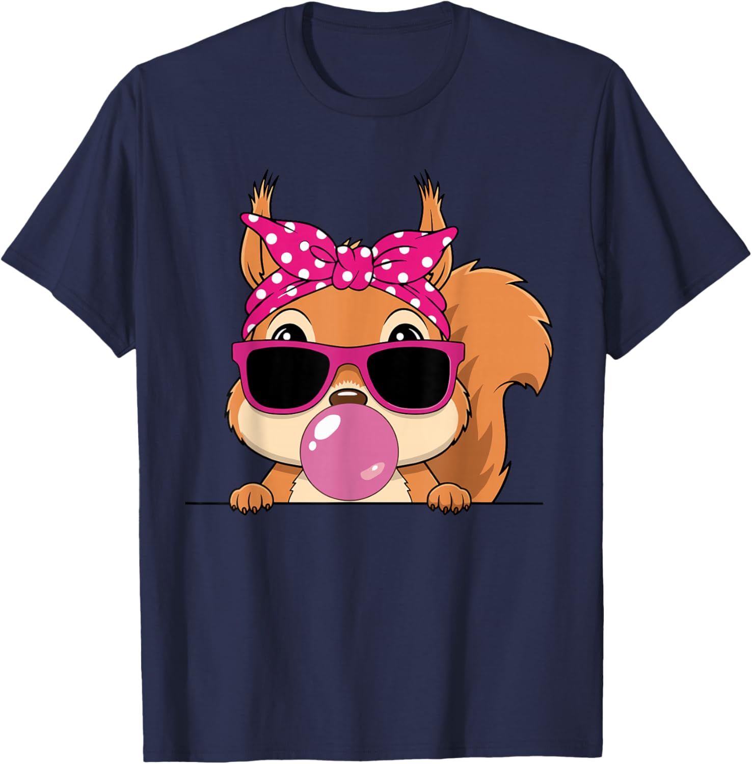 Squirrel Kawaii Girl Pink Bandana Funny Squirrel Bubblegum T-Shirt - T-Shirt | Navy