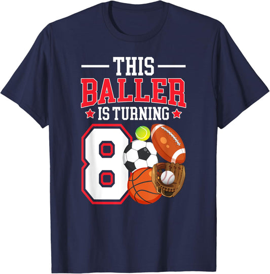 8th Birthday Sports Birthday Theme 8 Year Old Boy T-Shirt - T-Shirt | Navy