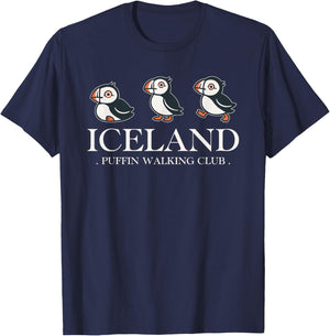 Iceland Puffin Walking Club Vintage Icelandic Souvenir T-Shirt - T-Shirt | Navy