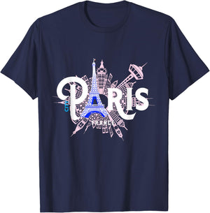 The Eiffel Tower And Iconic Buildings Vintage Paris Travel T-Shirt - T-Shirt | Navy