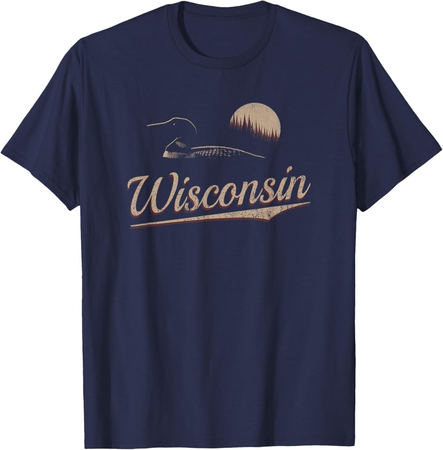 Wisconsin - Loon and Trees - Retro Wisconsin T-Shirt - T-Shirt | Navy