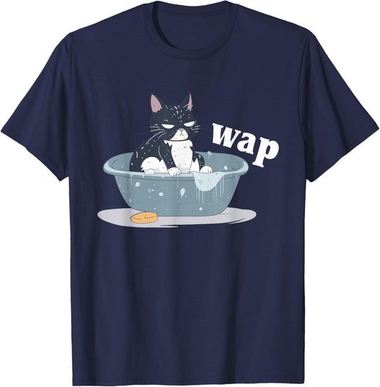 Funny Cat Wap Expression Illustration T-Shirt - T-Shirt | Navy