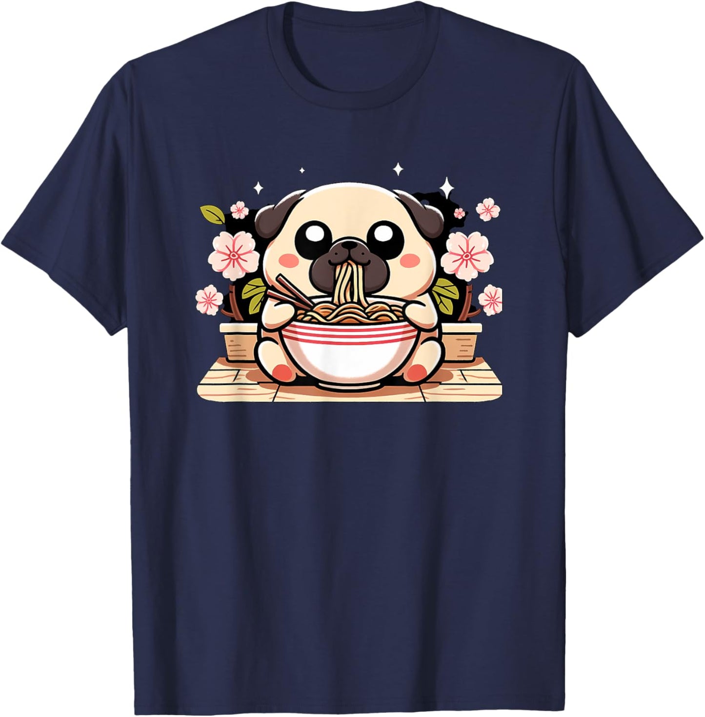 Kawaii Chug dog Eating Ramen T-Shirt - T-Shirt | Navy
