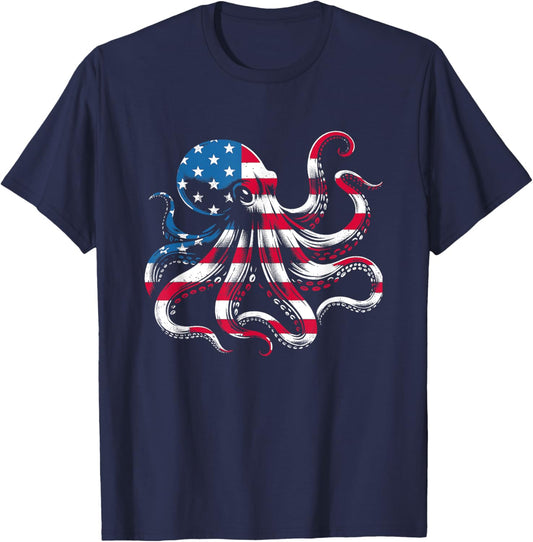 Octopus American Flag - Patriotic USA Ocean Animal Lover T-Shirt - T-Shirt | Navy