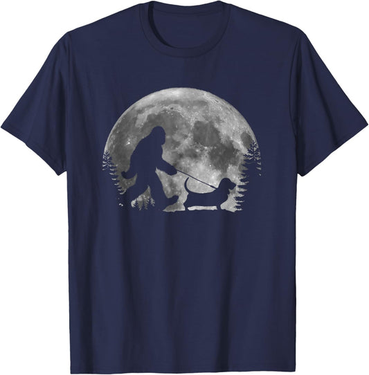 Bigfoot Walking a Dog Funny Basset Hound Moon Halloween Women Kids T-Shirt - T-Shirt | Navy