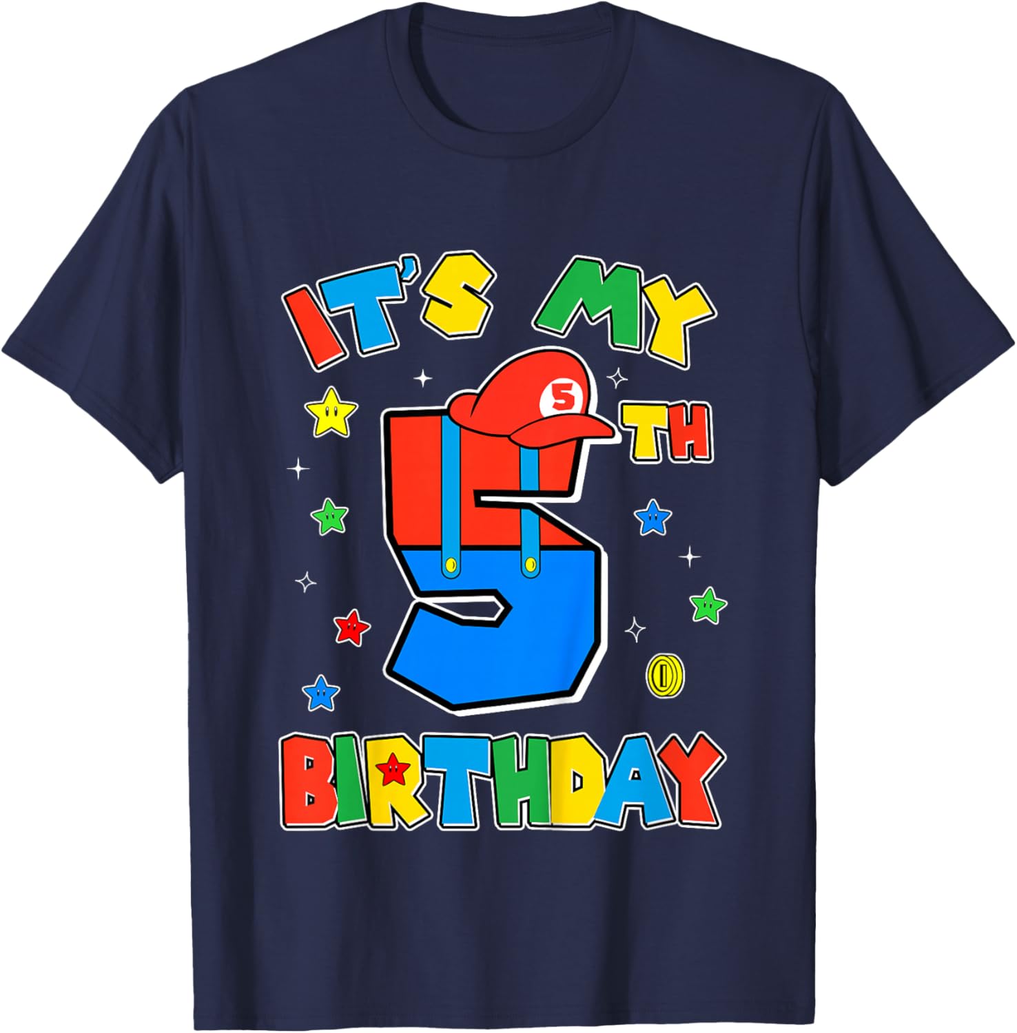 Kids 5th Birthday Boy Super Gamer Gaming Theme B-day Party Boys T-Shirt - T-Shirt | Navy