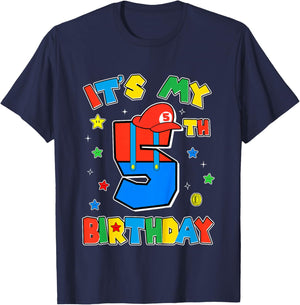 Kids 5th Birthday Boy Super Gamer Gaming Theme B-day Party Boys T-Shirt - T-Shirt | Navy