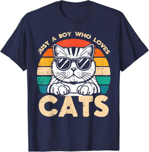 Just A Boy Who Loves Cats Retro Kitten Boys Kids Toddler Men T-Shirt - T-Shirt | Navy