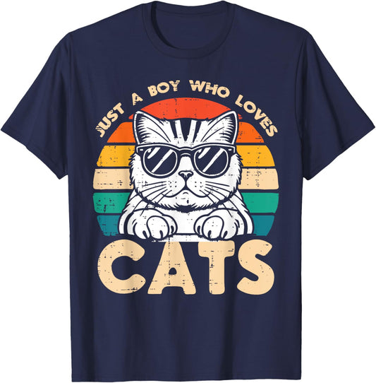 Just A Boy Who Loves Cats Retro Kitten Boys Kids Toddler Men T-Shirt - T-Shirt | Navy