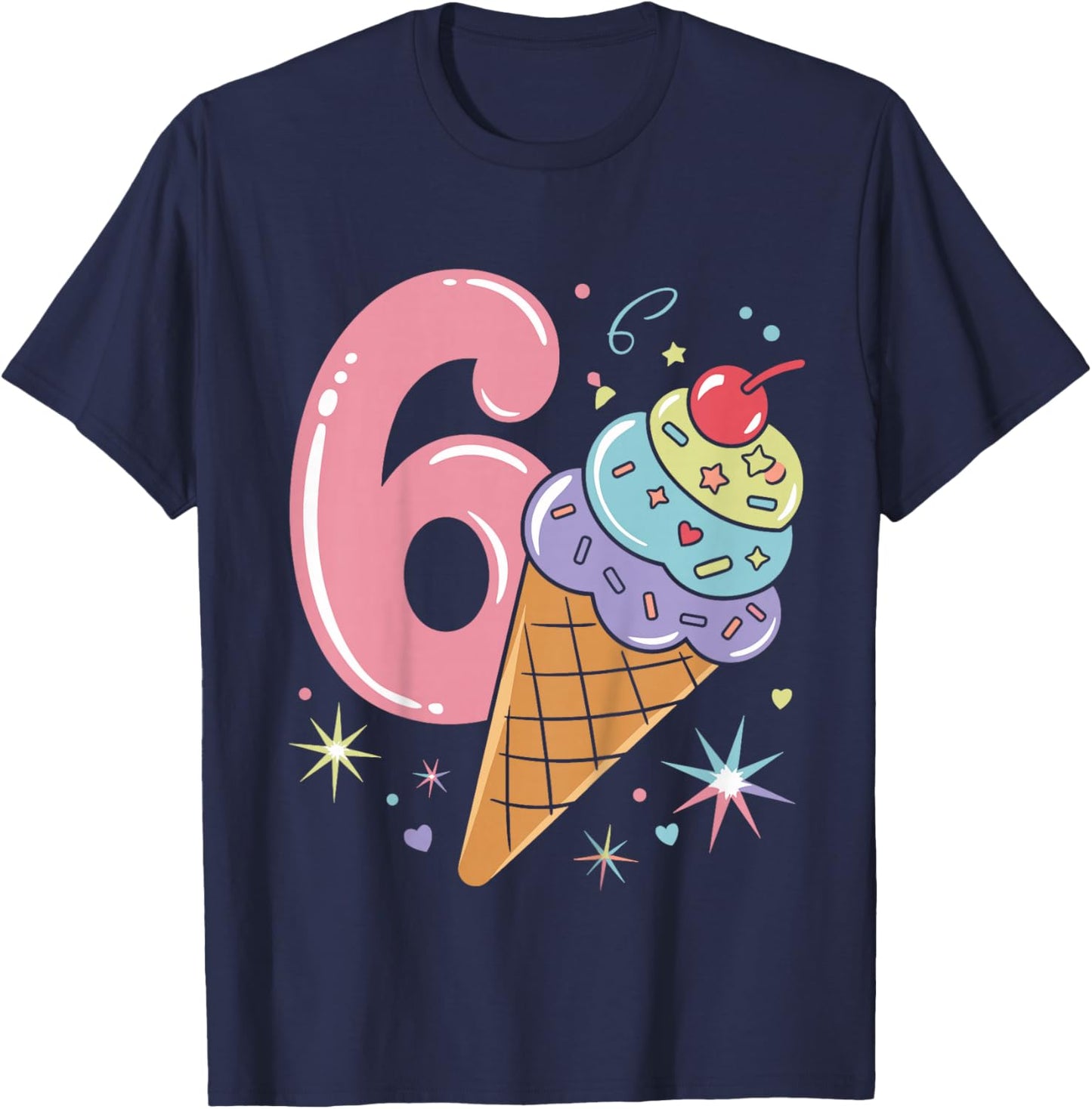 Kids 6 Year Old Birthday Boy Girl Ice Cream 6th Birthday T-Shirt - T-Shirt | Navy