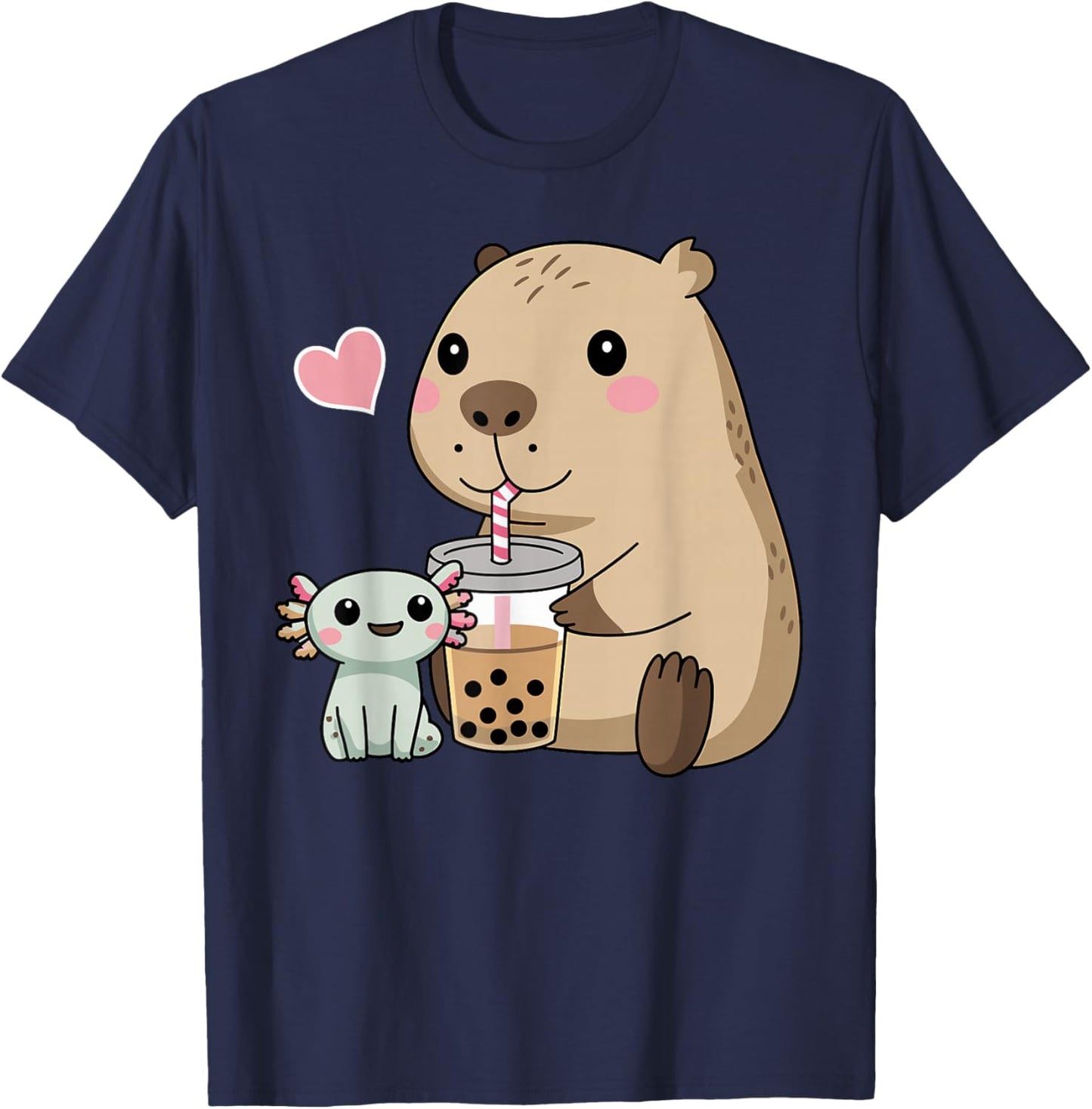Cute Axolotl Lover Capybara Kawaii Anime Drinking Bubble Tea T-Shirt - T-Shirt | Navy