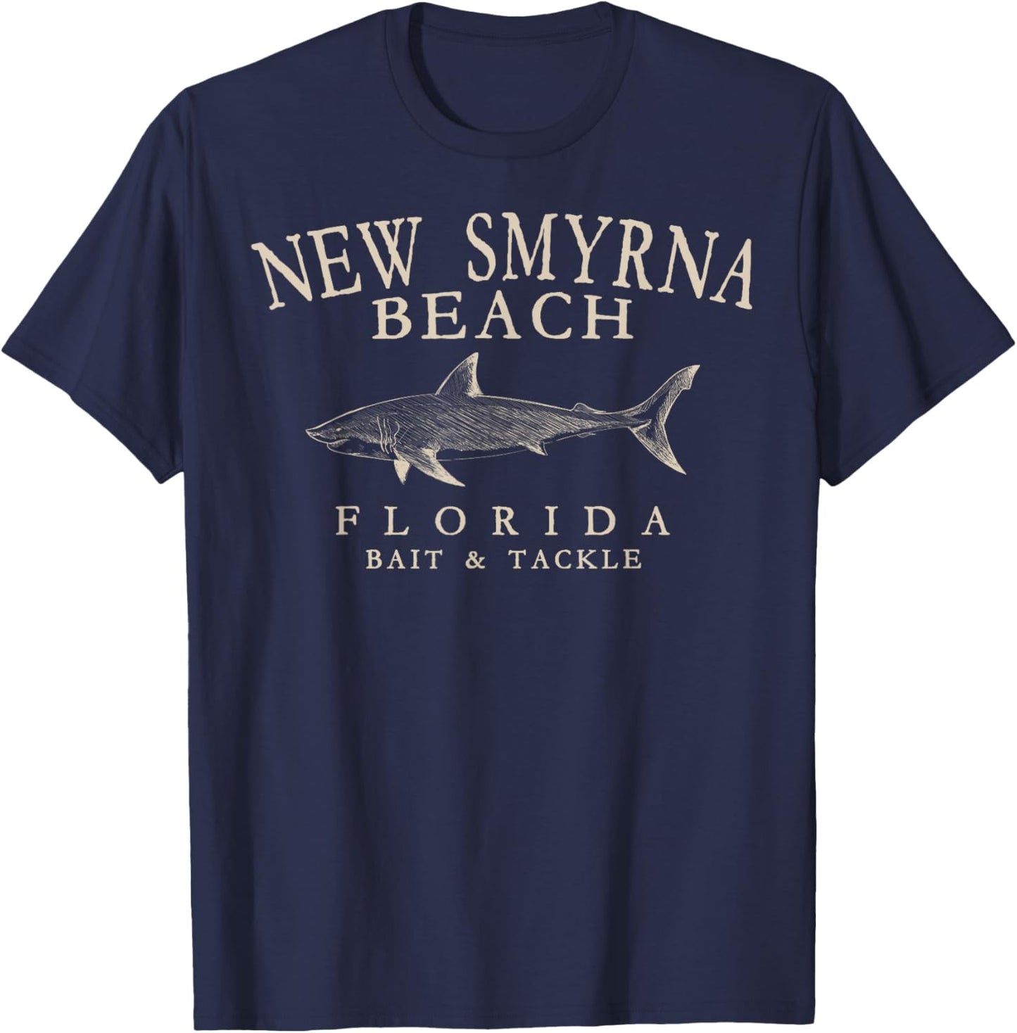 New Smyrna Beach Florida Shark Arched Antique White Letters T-Shirt - T-Shirt | Navy