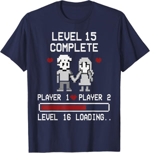 15th Wedding Anniversary Gamer Vintage Level 15 Complete T-Shirt - T-Shirt | Navy
