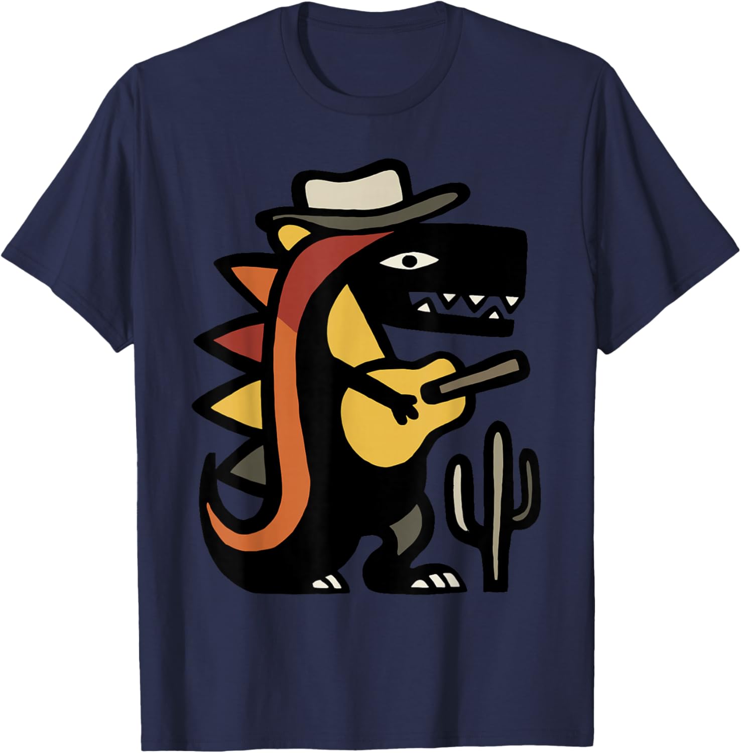 Western Dinosaur Playing Guitar Cartoon T-Shirt - T-Shirt | Navy