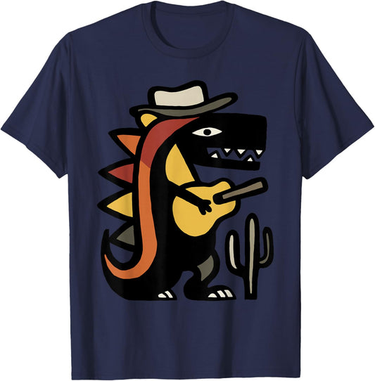 Western Dinosaur Playing Guitar Cartoon T-Shirt - T-Shirt | Navy