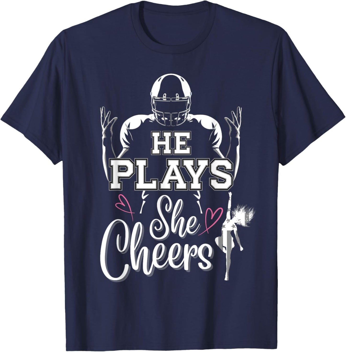 He Plays She Cheers Mom and me Football Season Cheerleader T-Shirt - T-Shirt | Navy