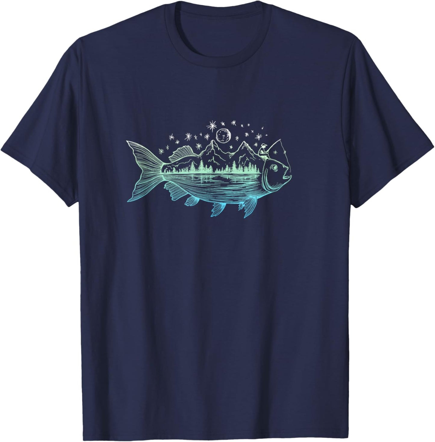 Cool Fish Shaped from Mountains Nature Scene Fishing T-Shirt - T-Shirt | Navy