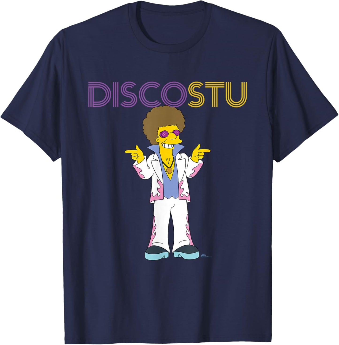 The Simpsons Disco Stu - -Adults & Kids - Black - Small - Short Sleeve - Crew Collar - Neon Name in Lights Design T-Shirt - T-Shirt | Navy