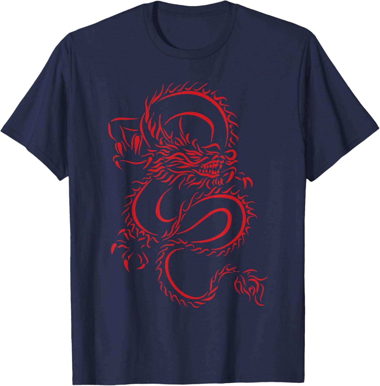 Red Chinese Firedrake Dragon - Dragon Print Art Wear- Dragon , Small, Black T-Shirt - T-Shirt | Navy