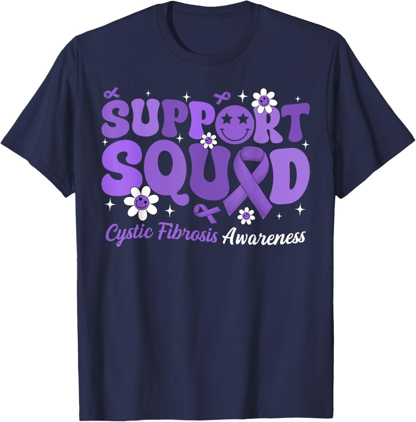 Groovy Support Squad Cystic Fibrosis Awareness Purple Ribbon T-Shirt - T-Shirt | Navy