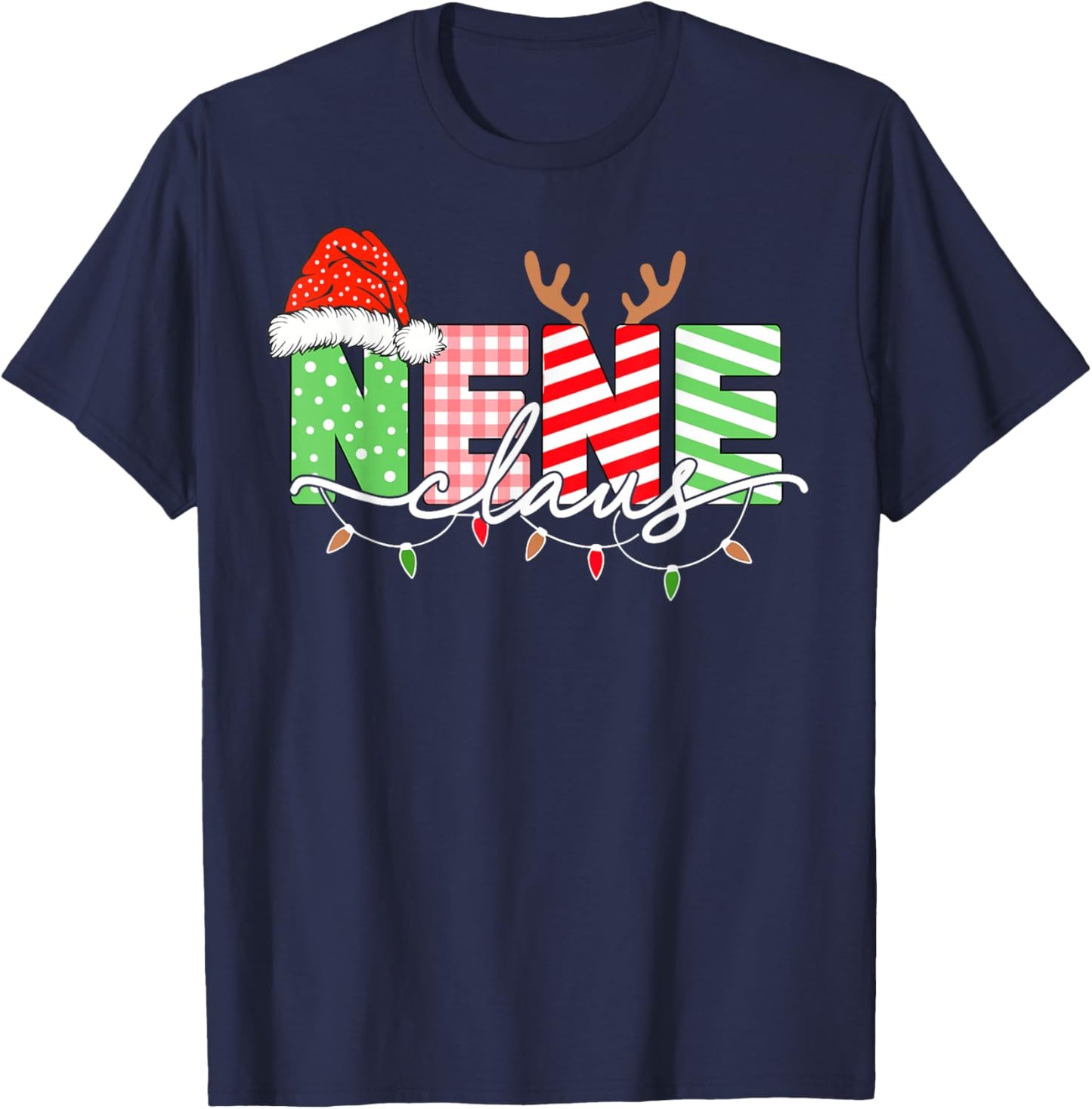 Nene Claus Christmas Lights Santa Hat Family Matching T-Shirt - T-Shirt | Navy
