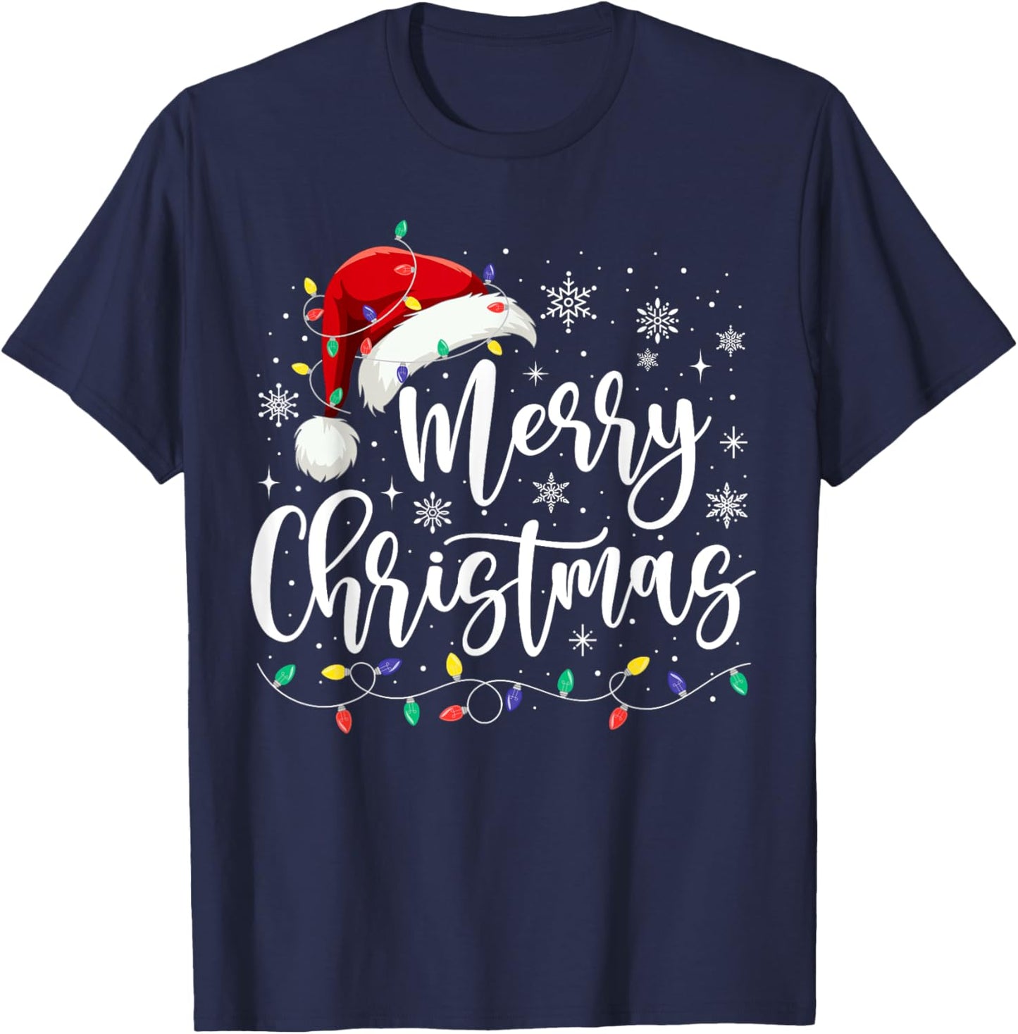 Merry Christmas Lights Red Santa Hat Xmas Family Men Women T-Shirt - T-Shirt | Navy