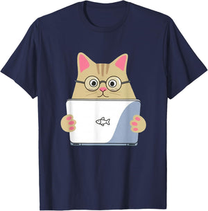 Cute Cat Laptop Funny Tech Kitty Graphic for Cat Lovers T-Shirt - T-Shirt | Navy