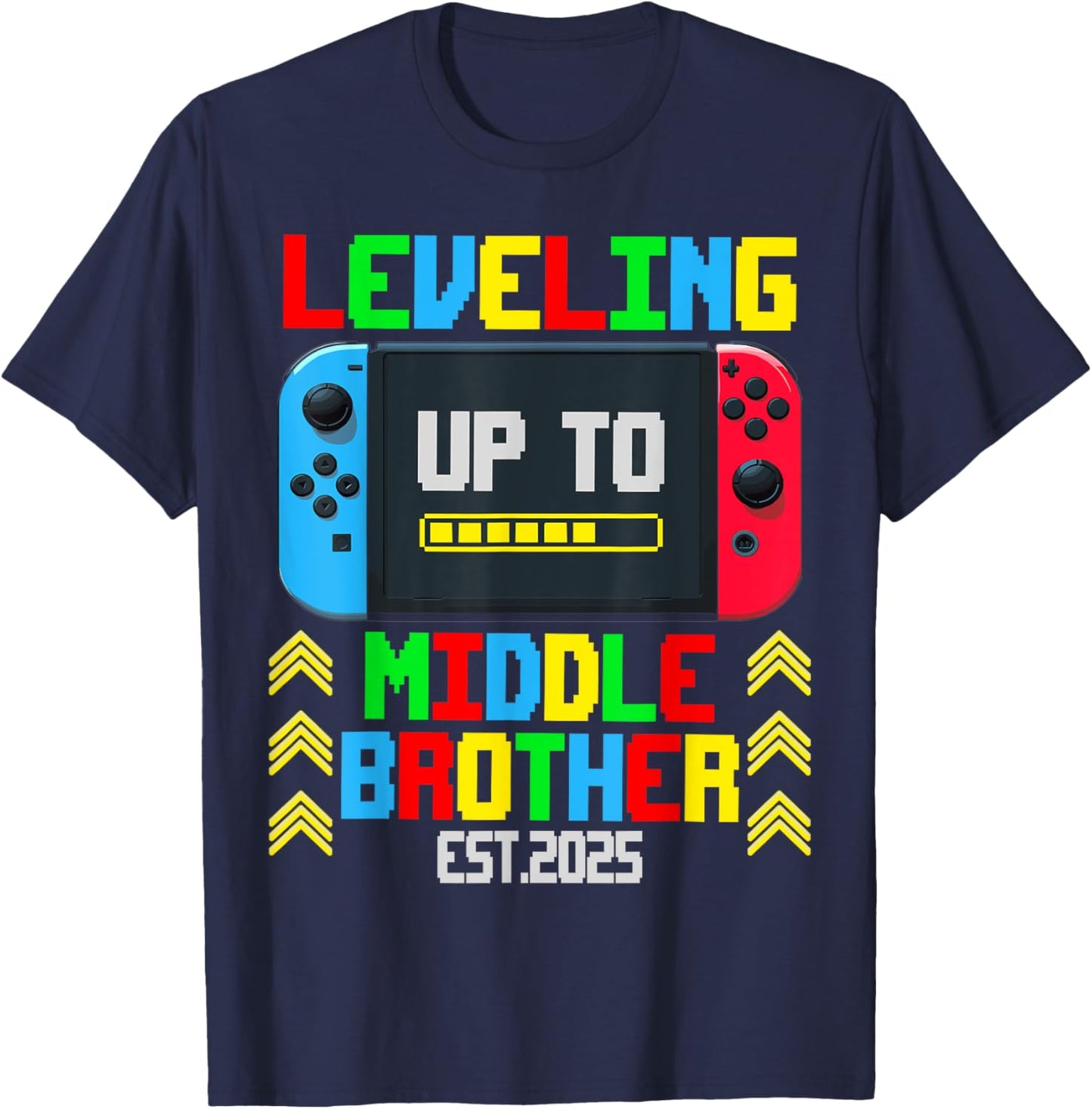 Pregnancy Announcement Leveling Up To Middle Brother 2025 T-Shirt - T-Shirt | Navy