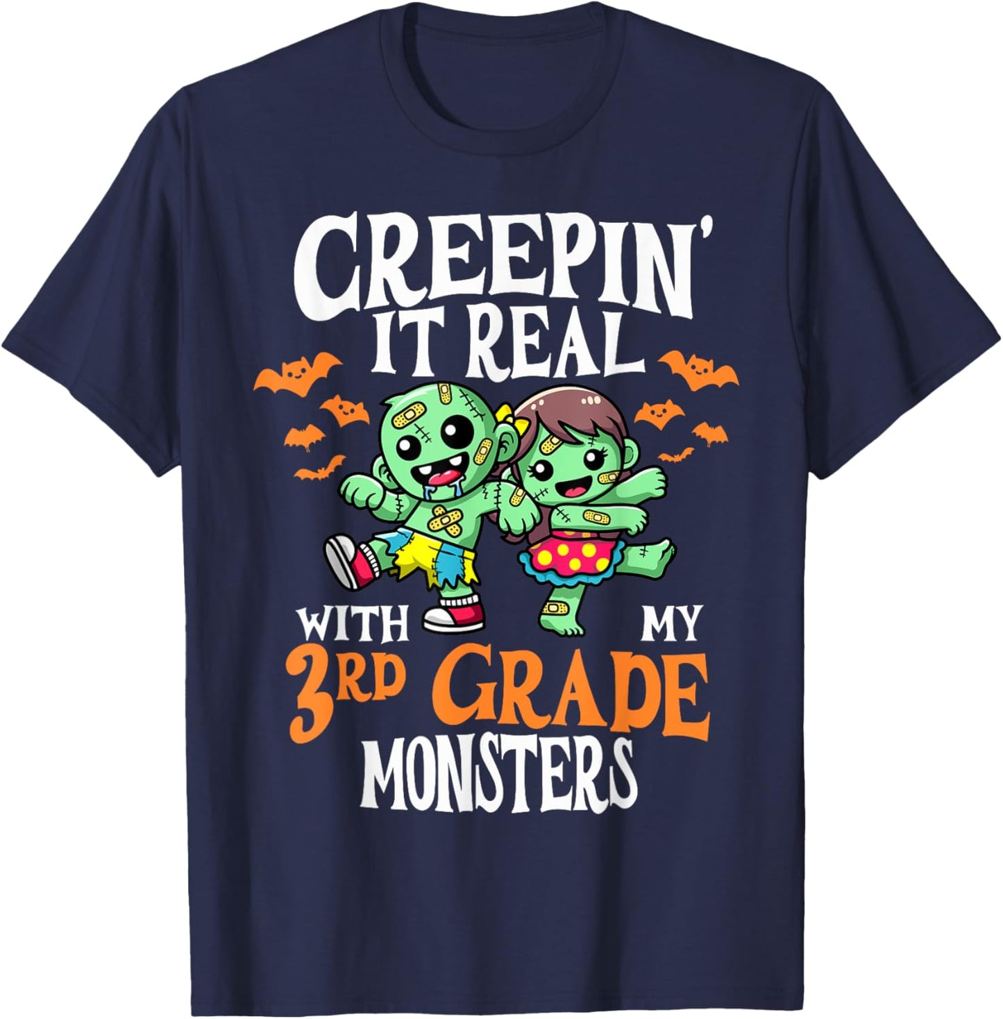 Creepin It Real Monster School 3rd Grade Teacher Halloween T-Shirt - T-Shirt | Navy