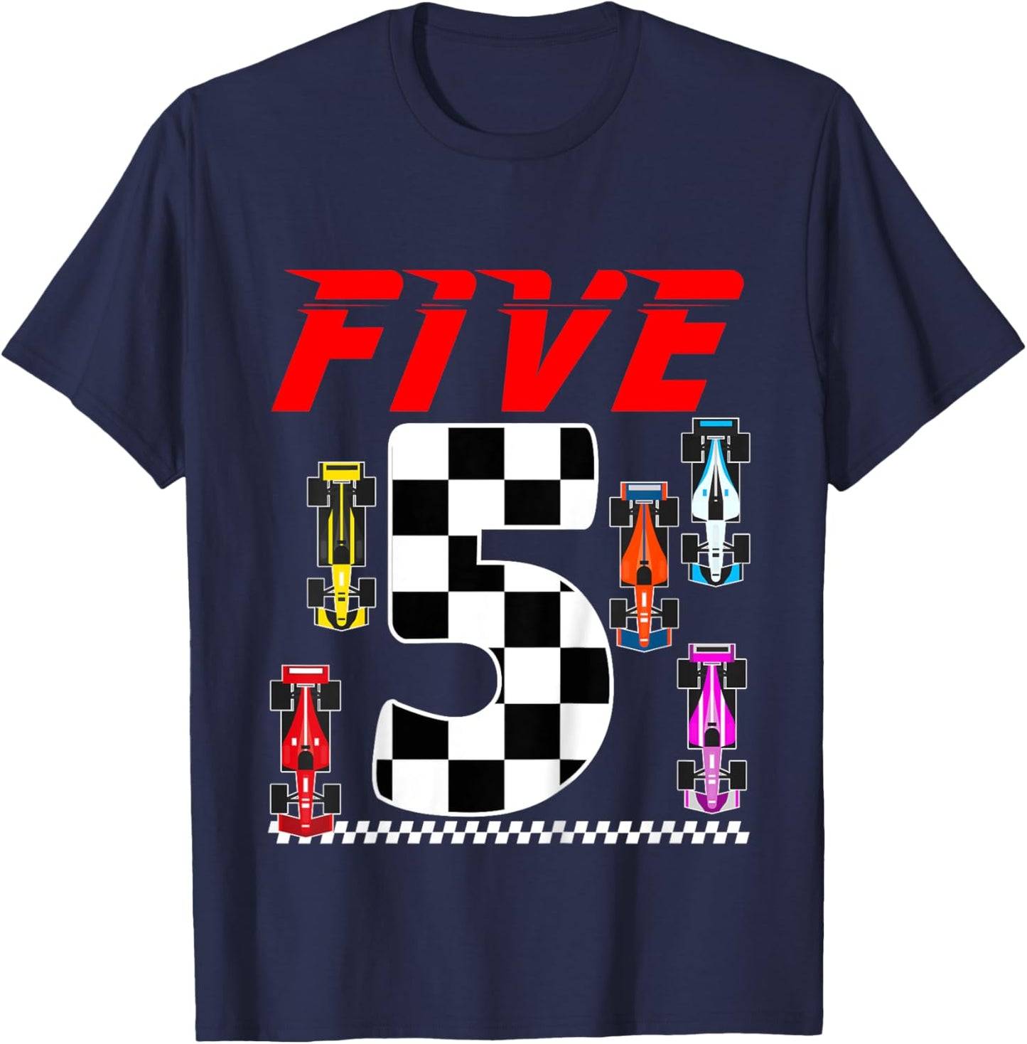 Kids Race Car Party 5 Five Year Old 5th Birthday Car Racing Theme T-Shirt - T-Shirt | Navy