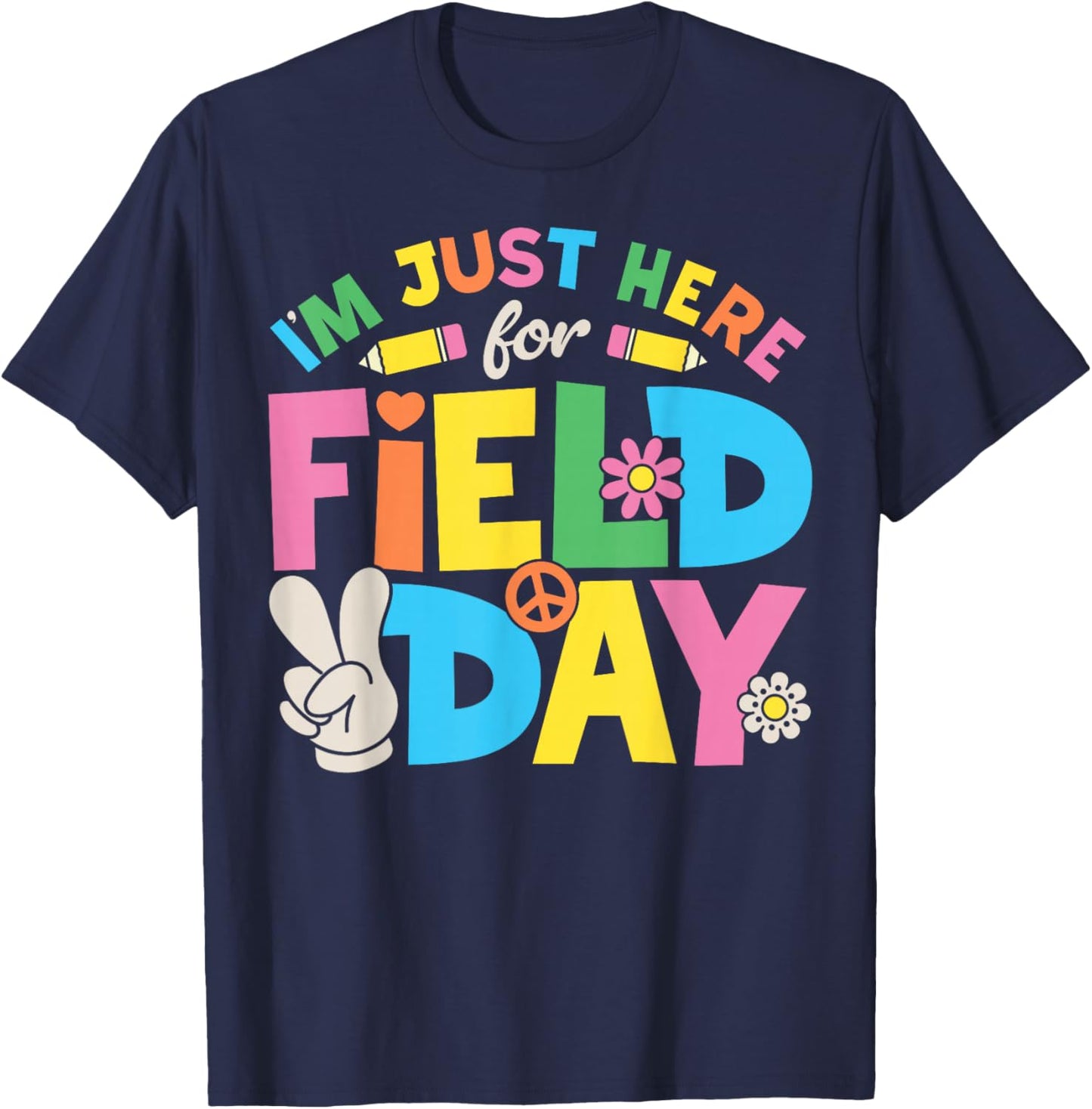 I'm Just Here for Field Day Teacher Student Groovy Floral T-Shirt - T-Shirt | Navy