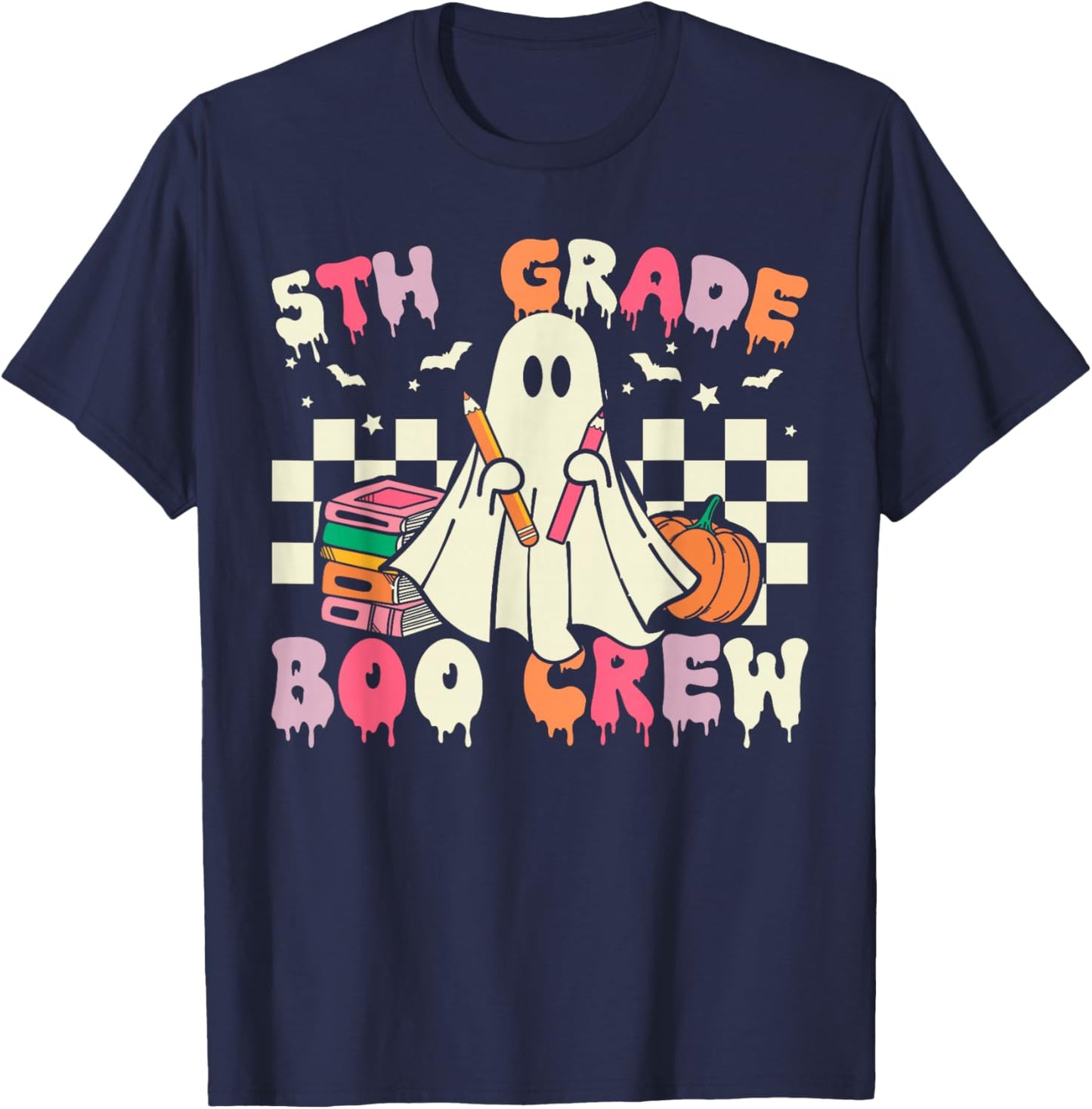 5th Grade Boo Crew Retro Ghost Halloween Teacher Student T-Shirt - T-Shirt | Navy