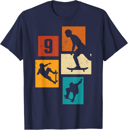 9th Birthday Skateboard Skateboarder Skater 9 Year Old Boy T-Shirt - T-Shirt | Navy