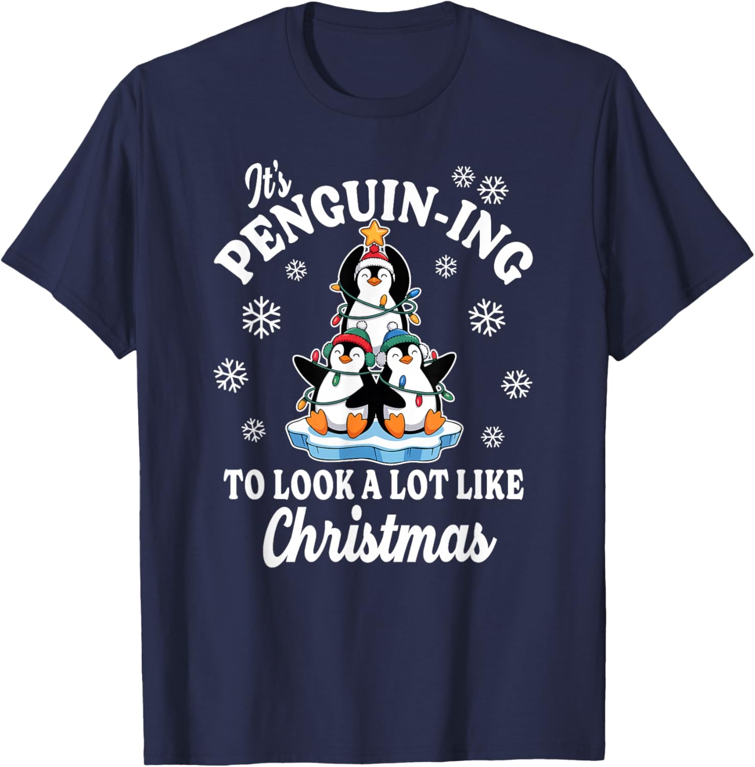 Penguin-ing Christmas Tree on Ice Cute Holiday T-Shirt - T-Shirt | Navy