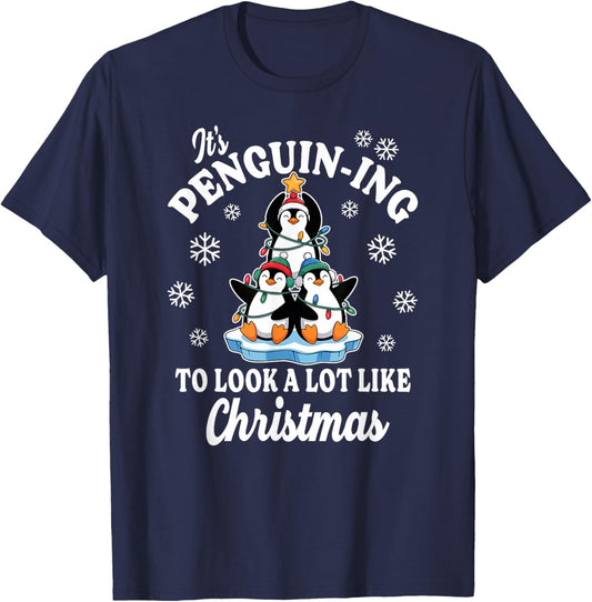 Penguin-ing Christmas Tree on Ice Cute Holiday T-Shirt - T-Shirt | Navy