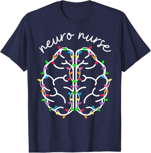 Neuro Crew Nurse Christmas Lights Brain Science Neuroscience T-Shirt - T-Shirt | Navy