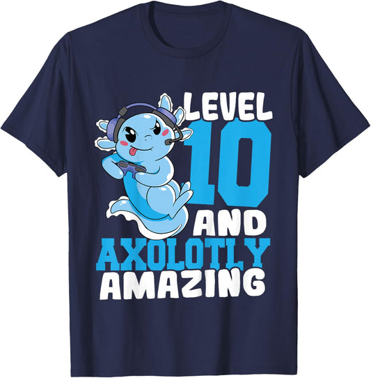 Kids Axolotl Birthday Gaming 10 Year Old Axolotl 10th Birthday T-Shirt - T-Shirt | Navy