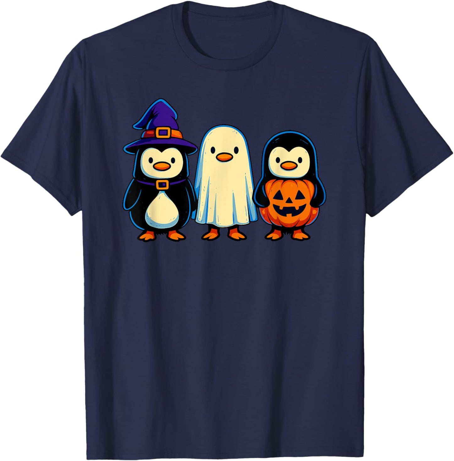 Penguin Witch Ghost Pumpkin Men Women Kids Funny Halloween T-Shirt - T-Shirt | Navy