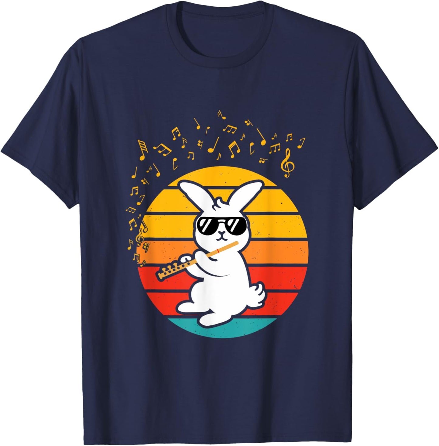 Cool Bunny with Flute - Music Lover Retro Rabbit Flute T-Shirt - T-Shirt | Navy