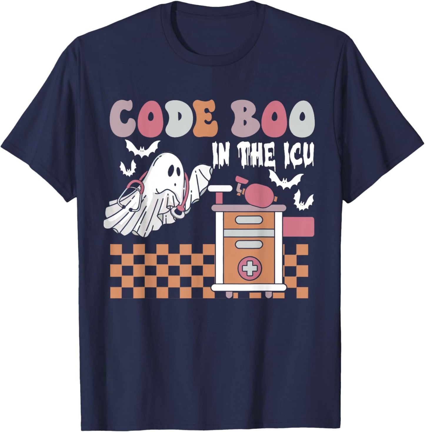 Groovy Retro Halloween ICU Nurse, Code Boo In The ICU T-Shirt - T-Shirt | Navy