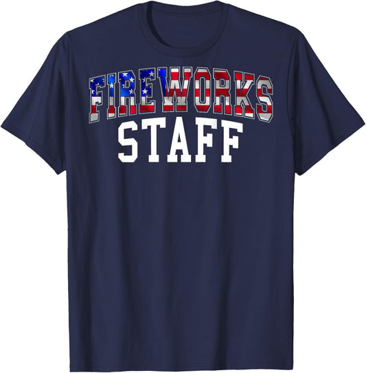 Fireworks Staff American Flag Varsity July 4th on the back T-Shirt - T-Shirt | Navy