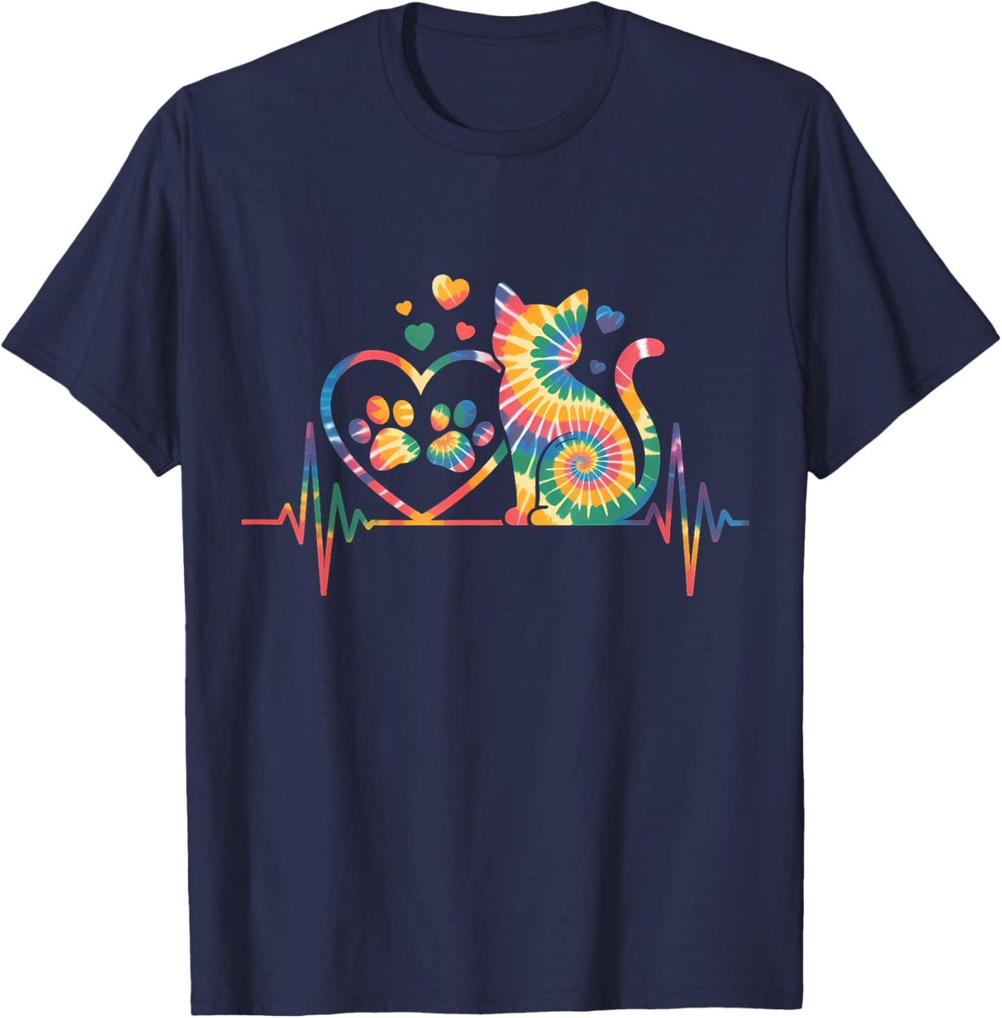 Cat Tie Dye Colorful Heartbeat EKG Pulse T-Shirt - T-Shirt | Navy
