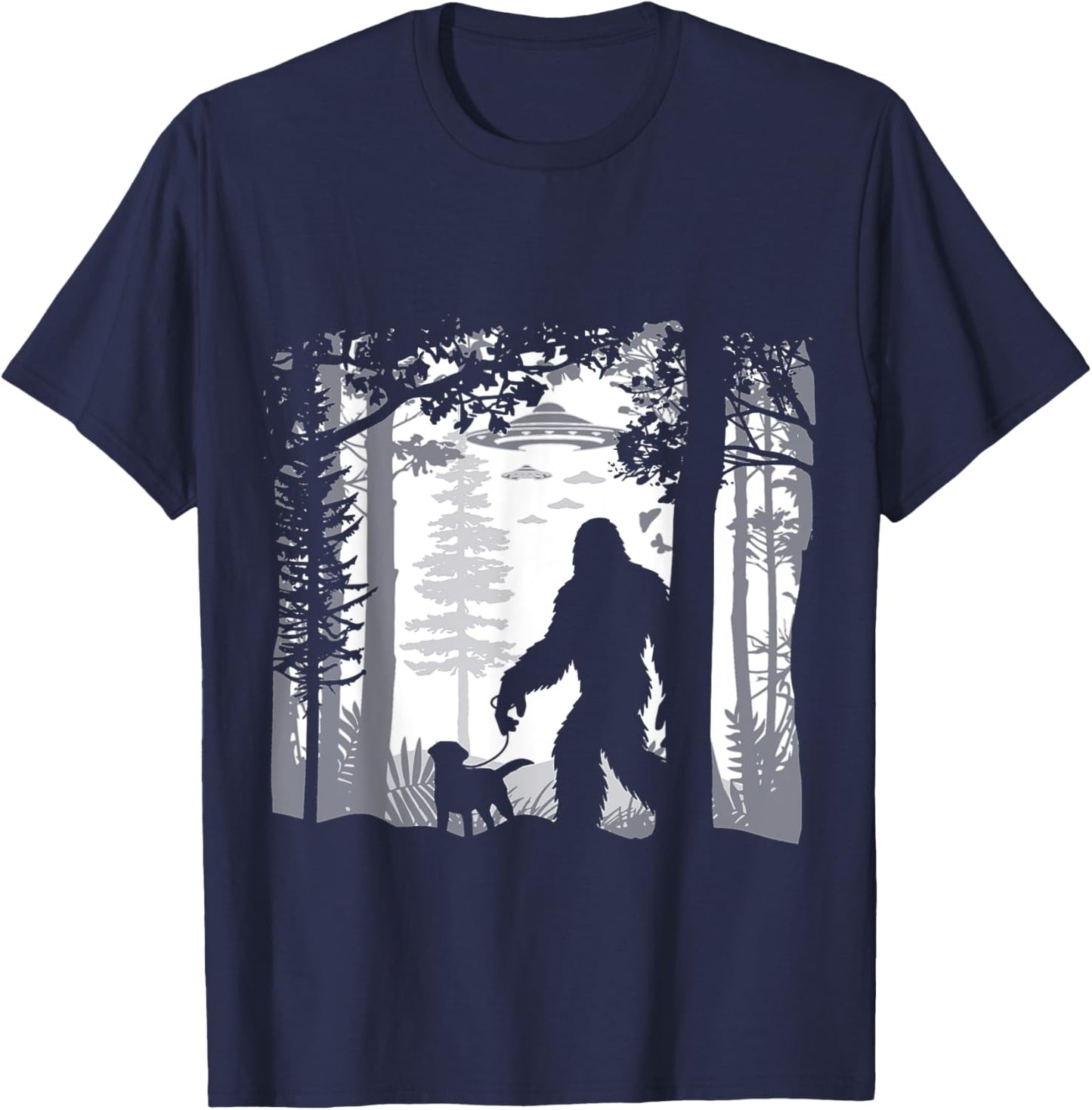 Funny Sasquatch Bigfoot Walking Dog In Woods With Alien Ufos T-Shirt - T-Shirt | Navy