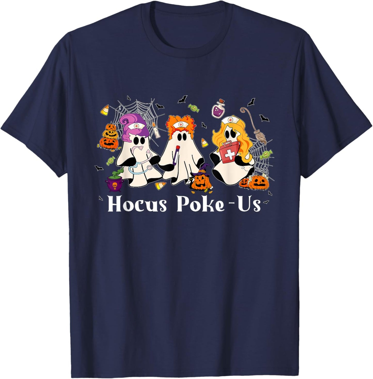 Retro Funny Hocus Poke-us Spooky Nurse Halloween Cute Ghost T-Shirt - T-Shirt | Navy